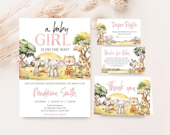 Bewerkbare baby shower uitnodigingsbundel babymeisje safari babyshower, bloemen jungle safari babyshower uitnodigingsset, roze safaridieren babyshower, 0840