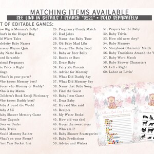 May include: A collection of baby shower games and activities, including a list of editable games and two printed sheets with illustrations. The games cover various themes, such as baby trivia, nursery rhymes, and baby predictions. The color scheme is soft, with pink and white accents.