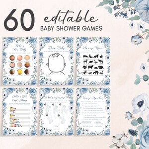 Editable Blue Baby in Bloom Baby Shower Games Bundle, Boy Spring Flowers Baby Shower Game Pack, Dusty Blue Wildflower Baby Shower Game, 0710