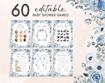 May include: A set of 60 printable baby shower games with a blue floral design. The games include "Baby or Bun Belly", "Draw Baby", "Where is my Mama", "Children's Book Guessing Picture", "What's in your purse", and "Nursery Rhyme Quiz".