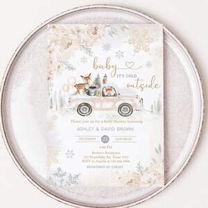 Editable Winter Woodland Baby Shower Invitation Bundle, Woodland Winter Baby Shower Invite Set, Gender Neutral Baby it's Cold Outside, 0533 image 3