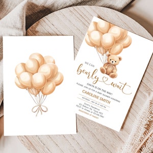 Bewerkbare babyshower uitnodiging bruine beer, teddybeer ballon babyshower uitnodiging, sjabloon babyshower babyshower, we Can Bearly Wait, 0665 afbeelding 2