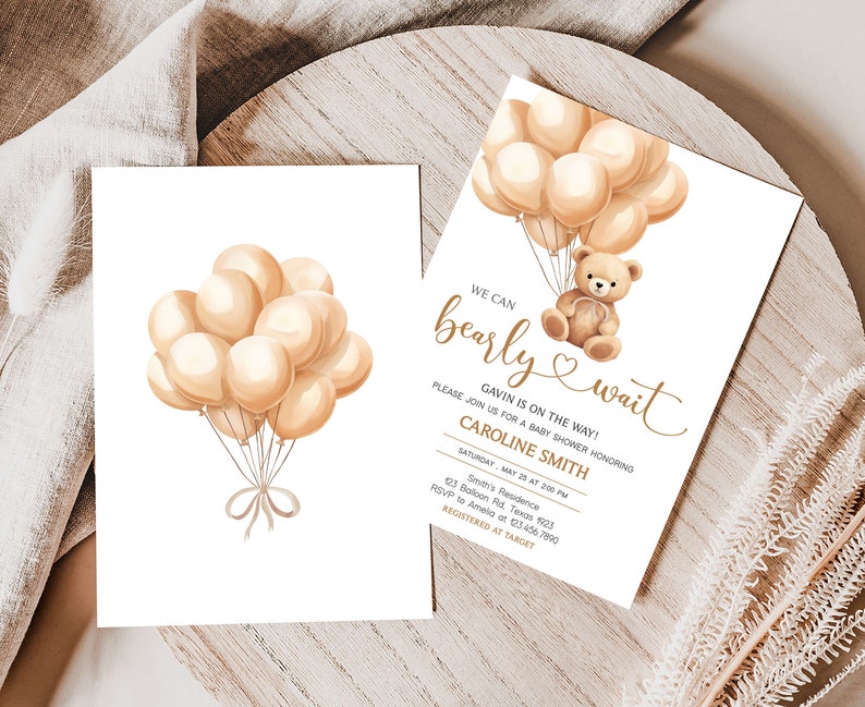 Bewerkbare babyshower uitnodiging bruine beer, teddybeer ballon babyshower uitnodiging, sjabloon babyshower babyshower, we Can Bearly Wait, 0665 afbeelding 2