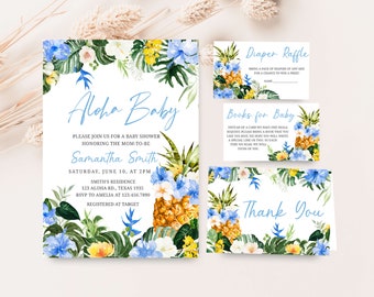 May include: Aloha Baby baby shower invitation with a tropical theme. The invitation features a pineapple, blue and yellow flowers, and green leaves. The text on the invitation reads "Aloha Baby" and includes the date, time, and location of the shower.