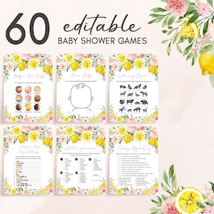 Editable Pink Floral Lemon Baby Shower Games Bundle, Girl Lemonade Baby Shower Game Pack, Summer Citrus Baby Shower Games Template, 0718