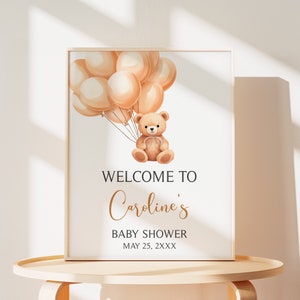 Bewerkbaar welkomstbord babyshower bruine beer, boho teddybeer ballon babyshower welkomstposter, we Can Bearly Wait babyshower bord, 0665 afbeelding 1