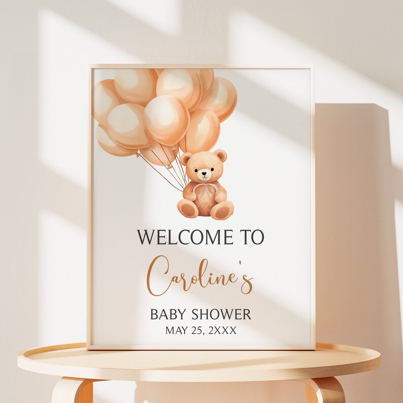 Bewerkbaar welkomstbord babyshower bruine beer, boho teddybeer ballon babyshower welkomstposter, we Can Bearly Wait babyshower bord, 0665 afbeelding 1