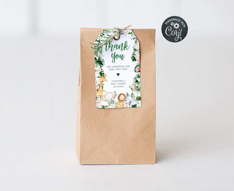 Editable Greenery Safari Baby Shower Favor Tags, Floral Jungle Baby Shower Gift Tag, Safari Animals Wild One Baby Shower Thank You Tag, 0291 image 1