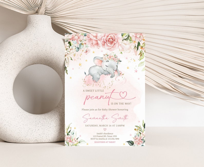 Edytowalne różowe zaproszenie na baby shower ze słoniem, różowe kwiatowe zaproszenie na baby shower ze słoniem, szablon zaproszenia na baby shower dla dziewczynki z różowymi kwiatami, 0635 zdjęcie 1