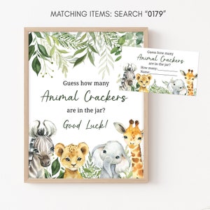May include: A printable game card with a watercolor illustration of jungle animals, including a zebra, lion, elephant, and giraffe. The card says "Guess how many Animal Crackers are in the jar? Good Luck!"