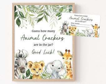 Guess How Many Animal Crackers Game Sign Jungle Baby Shower Safari Animals Baby Shower Game Safari Printable Sign Greenery Decorations 0179