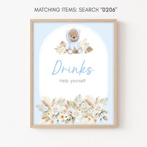 Bear Baby Shower Drinks Sign, Teddy Bear Drinks Table Sign, Boy Bear Baby Shower Sign, Boho Baby Bear Shower Decor Printable Template 0206