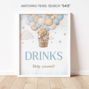 Teddy Bear Hot Air Balloon Baby Shower Drinks Sign, We can Bearly Wait Baby Shower Drinks Table Sign, Boho Blue Teddy Bear Drinks Sign 0413
