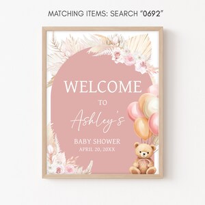 Editable Pink Bear Balloon Baby Shower Welcome Sign, Girl Boho Bear Baby Shower Welcome Poster, We Can Bearly Wait Baby Shower Sign, 0692 image 3