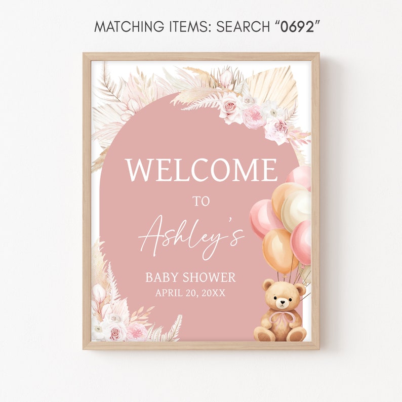 Editable Pink Bear Balloon Baby Shower Welcome Sign, Girl Boho Bear Baby Shower Welcome Poster, We Can Bearly Wait Baby Shower Sign, 0692 image 3
