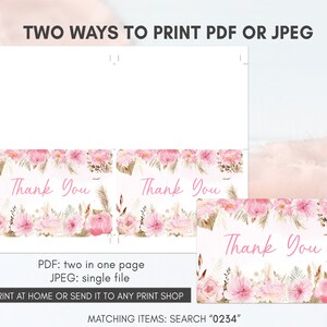 May include: Two printable thank you cards featuring a floral design in pink, white and gold. The text "Thank You" is written in pink script. The cards can be printed as two cards on one page or as a single file.