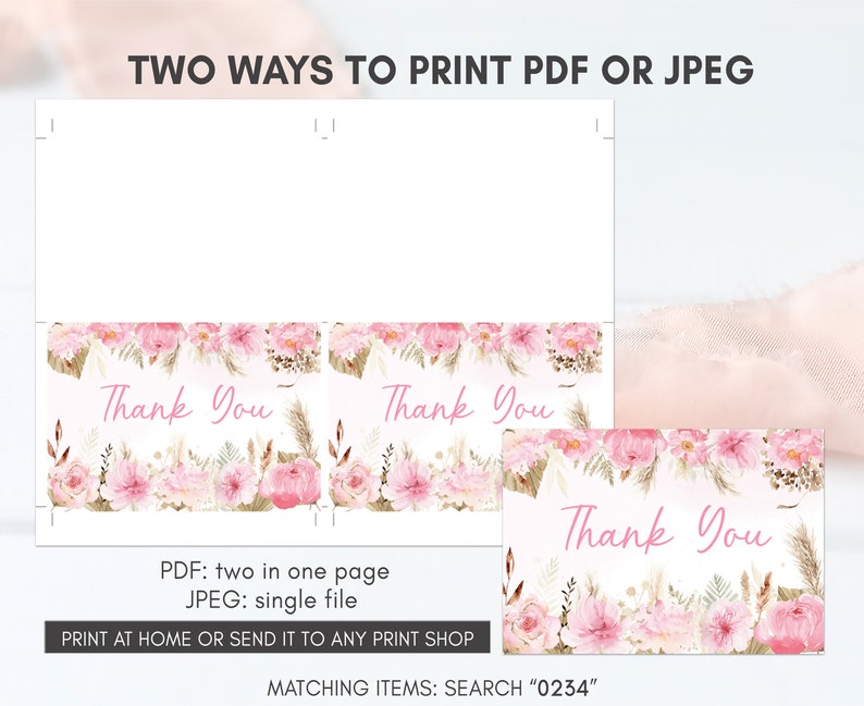 May include: Two printable thank you cards featuring a floral design in pink, white and gold. The text "Thank You" is written in pink script. The cards can be printed as two cards on one page or as a single file.