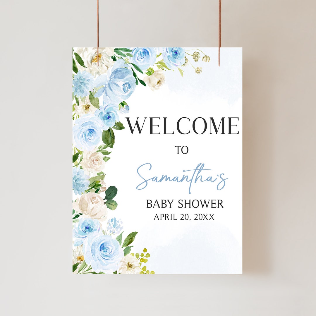 Editable Boy Baby in Bloom Baby Shower Welcome Sign, Blue Floral Baby ...