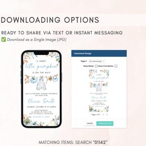 a smartphone and a webpage with a pumpkin-themed invitation for a baby shower. The smartphone screen shows a text invitation for a baby shower, while the webpage has a design for a baby shower invitation.