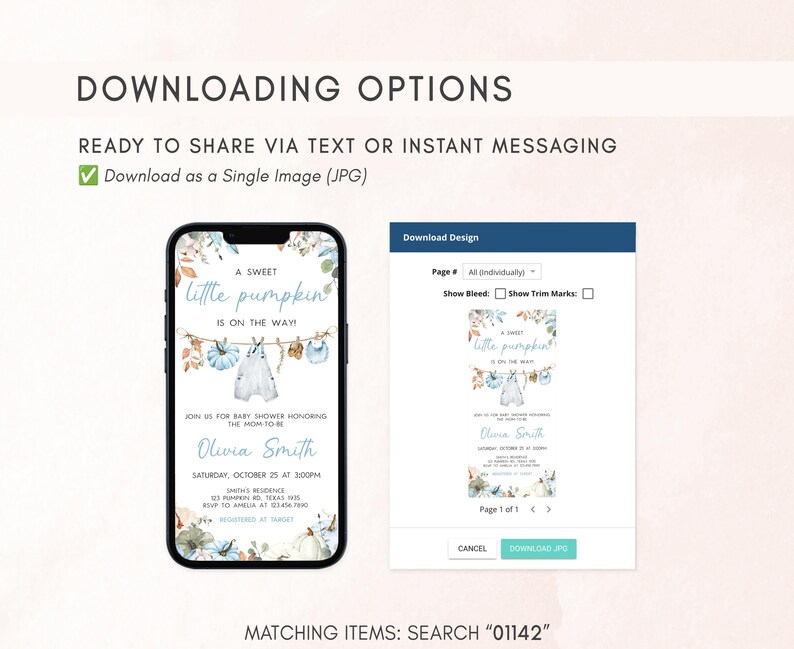 a smartphone and a webpage with a pumpkin-themed invitation for a baby shower. The smartphone screen shows a text invitation for a baby shower, while the webpage has a design for a baby shower invitation.