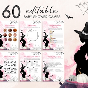 編集可能な「A Baby is Brewing Girl」ハロウィンベビーシャワーゲームバンドル、ピンクウィッチベビーシャワーゲームパック、ハロウィンベビーシャワーゲームセット0452