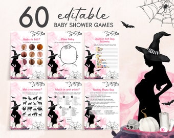 Editable A Baby is Brewing Girl Paquete de juegos de baby shower de Halloween, Paquete de juegos de baby shower de bruja rosa, Juego de juegos de baby shower de Halloween 0452
