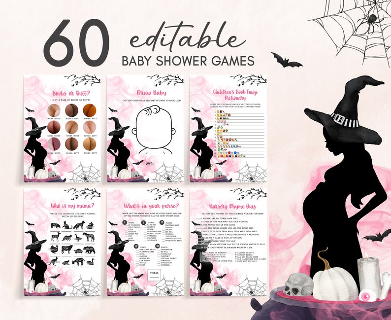Editable A Baby is Brewing Girl Paquete de juegos de baby shower de Halloween, Paquete de juegos de baby shower de bruja rosa, Juego de juegos de baby shower de Halloween 0452 imagen 1