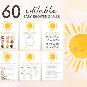 Editable Sunshine Baby Shower Games Bundle, Boho Sun Baby Shower Game Pack, A Little Ray of Sunshine Gender Neutral Baby Shower Games, 0251