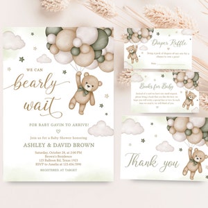 Editable Gender Neutral Bear Baby Shower Invitation Bundle, We Can Bearly Wait Baby Shower Invite Set, Green Balloon Bear Baby Shower, 0506