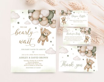 Editable Green Bear Balloon Baby Shower Invitation, We Can Bearly Wait ...