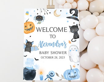 Editable Blue Halloween Baby Shower Welcome Sign, Boy Ghost Halloween Baby Shower Welcome Poster, Fall Pumpkin Baby Shower Welcome Sign 0456