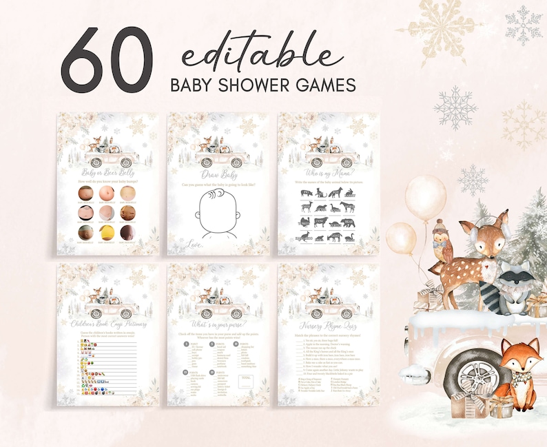 Editable Winter Woodland Baby Shower Games Bundle, Woodland Winter Baby Shower Game Pack, Gender Neutral Baby it's Cold Outside Games, 0533 image 1