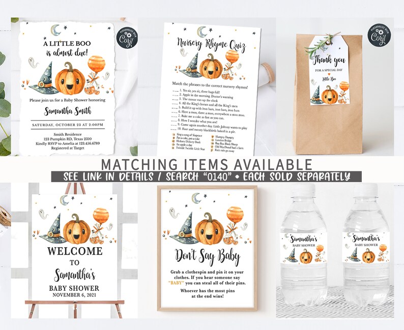 May include: A collection of Halloween-themed baby shower decorations. Includes invitations, a quiz, gift tags, a welcome sign, a game, and water bottle labels. Designs feature a pumpkin, witch hat, and balloons.