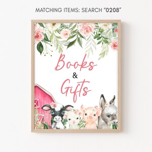 Cadeaux et livres pour baby shower ferme ferme, enseigne de Table fleurs animaux de la ferme baby shower cadeaux, décoration de basse-cour rose, modèle imprimable 0208