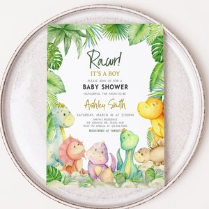Editable Dinosaur Baby Shower Invitation Bundle, Greenery Dino Baby Shower Invite Set, Baby Dinosaur It's A Boy Baby Shower Invitation, 0680 image 3