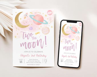 Editable Two the Moon Birthday Invitation, Girl Space 2nd Birthday, Printable Outer Space Party Invite Template, Pink Galaxy Invitation 46BD