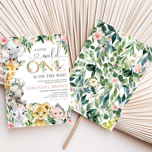 Editable A Little Wild One Jungle Baby Shower Invitation, Girl Jungle Baby Shower Invite, Greenery Floral Safari Baby Shower Invite, 0602 image 2