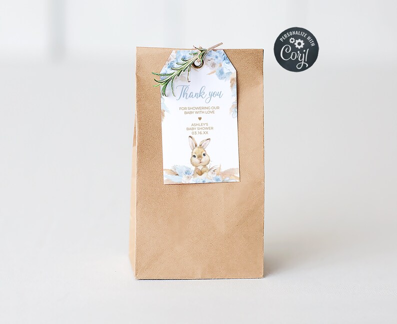 Editable Boy Rabbit Baby Shower Favor Tags, Blue Boho Rabbit Baby Shower Gift Tags, Pampas Grass Boy Bunny Baby Shower Thank You Tags, 0611 image 1