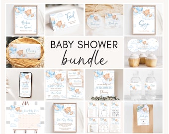 Editable We Can Bearly Wait Baby Shower Bundle, Blue Teddy Bear Baby Shower Pack, Brown Bear Balloon, Boy Bow Mega Bundle Template, 01101