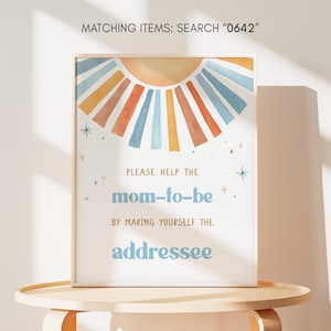 Envelope Station Sign Sunshine Baby Shower, Here Comes the Son Baby Shower Addressee Sign, Blue Boy Boho Sunshine Baby Shower Sign, 0642