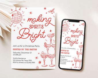 Editable Holiday Cocktail Party Invitation, Christmas Cocktail Christmas Invite, Making Spirits Bright Invite, Adult Christmas Invites, 50SE