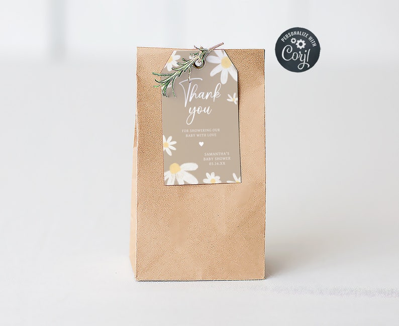 Bewerkbare madeliefje babyshower bedankkaartjes, Daisy Flower Boho cadeaus kraamcadeau tag, Groovy Daisy retro babyshower bedankkaartjes, 0634 afbeelding 1