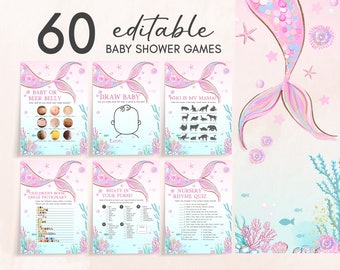 Editable Mermaid Baby Shower Games Bundle, Under the Sea Girl Baby Shower Game Pack, Pink Purple Mermaid Baby Games Printable Template 0268