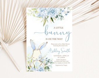 Editable Boy Bunny Baby Shower Invitation, Blue Floral Bunny Rabbit Baby Shower Invite, A Little Bunny Boy Baby Shower Invitation, 0717