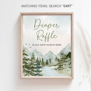 May include: A sign with a watercolor background of a mountain range and a river. The sign says "Diaper Raffle" and "Place your tickets here".