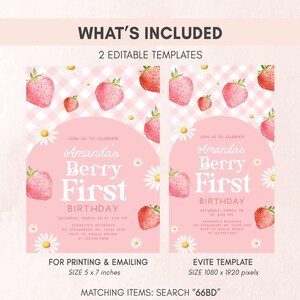two strawberry first birthday party cards with matching envelopes