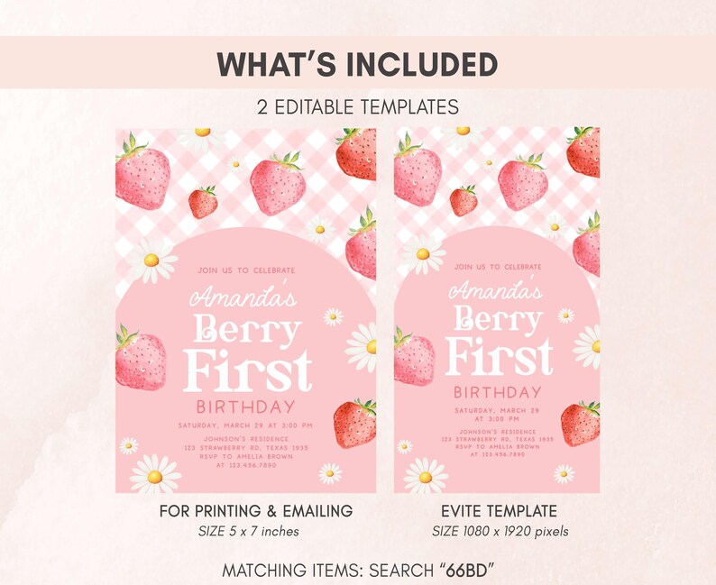two strawberry first birthday party cards with matching envelopes