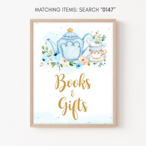 Tea Party Baby Shower Books and Gifts Sign, Floral Blue Gold Tea Baby Shower Gifts Table Sign Baby is Brewing Boy Baby Shower Printable 0147