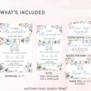 a collection of baby-themed invitation cards and thank-you cards, including a sweet little pumpkin theme. The cards feature illustrations of baby clothes, pumpkins, and other autumn-themed elements. The cards are designed to be used for baby showers and other baby-related events.