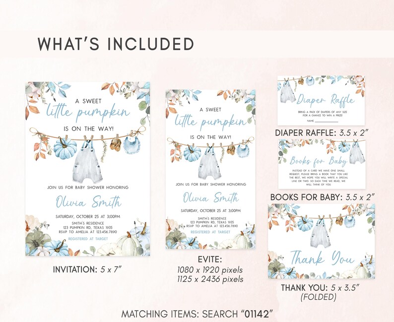 a collection of baby-themed invitation cards and thank-you cards, including a sweet little pumpkin theme. The cards feature illustrations of baby clothes, pumpkins, and other autumn-themed elements. The cards are designed to be used for baby showers and other baby-related events.